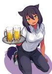  absurdres alcohol beer beer_mug black_hair blush breasts collared_shirt commentary_request dark_skin fang hair_between_eyes head_tilt highres holding holding_tray jahy jahy_sama_wa_kujikenai kneeling konbu_wakame long_hair looking_at_viewer medium_breasts official_art open_mouth pants parted_lips shirt shoes short_sleeves simple_background solo tray wavy_mouth white_background white_shirt wing_collar yellow_eyes 