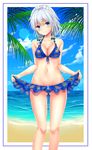  absurdres ass_visible_through_thighs bare_shoulders beach bikini blue_bikini blue_eyes blue_sky blush bow braid breasts cleavage closed_mouth cloud collarbone day eyebrows_visible_through_hair frilled_bikini frills green_bow hair_bow highres izayoi_sakuya large_breasts looking_at_viewer maid_headdress navel ocean outdoors palm_tree phano_(125042) short_hair silver_hair sky smile solo standing swimsuit touhou tree twin_braids 