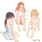  3girls akagi_mako ballroom_e_youkoso barefoot black_hair blue_eyes brown_hair casual eye_contact hanaoka_shizuku hand_on_own_chin head_on_hand hiyama_chinatsu knees_up looking_at_another multiple_girls pillow ponytail red_eyes red_hair sitting 