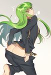  1girl annoyed ashford_academy_uniform ass bangs barefoot black_pants black_shirt blush c.c. code_geass commentary_request creayus eyebrows_visible_through_hair from_behind gradient gradient_background green_hair grey_background leg_up long_hair long_sleeves looking_at_viewer motion_lines no_panties open_fly pants pants_pull parted_lips profile school_uniform shiny shiny_hair shirt sidelocks solo standing standing_on_one_leg straight_hair sweatdrop tsurime undressing very_long_hair yellow_eyes 