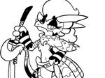  3_fingers anthro clothed clothing dragon female fur furred_dragon half-closed_eyes horn katherine_silvera_(kat) melee_weapon monochrome partially_clothed smile sword thekatdragon49 weapon 