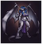  2013 anthro blue_eyes blue_hair border claws clothed clothing digital_media_(artwork) digitigrade dragon female gradient_background hair hi_res horn loincloth membranous_wings neodokuro scalie simple_background solo standing toe_claws white_border wings 