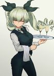  anchovy black_ribbon brown_eyes champagne_flute closed_mouth cup drill_hair drinking_glass eyebrows_visible_through_hair formal girls_und_panzer green_hair hair_ribbon long_hair looking_to_the_side mityubi ribbon simple_background smile solo standing suit twin_drills twintails waitress 