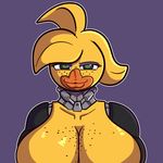  anthro avian beak big_breasts bird breasts cleavage clothed clothing crisis-omega duckface feathers female freckles green_eyes huge_breasts machine muscle_bird muscular non-mammal_breasts robot simple_background solo yellow_feathers 