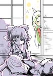  ^_^ blush closed_eyes commentary forbidden_scrollery frown green_hair hakurei_reimu horn implied_yuri kirisame_marisa komano_aun lap_pillow multiple_girls sad shukinuko sleeping smile spot_color touhou watching worried 