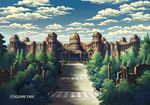  building castle cloud cloudy_sky commentary_request day door forest graphite_(medium) k_kanehira moss nature no_humans outdoors path plant railing road romancing_saga_3 ruins saga scenery sky stairs traditional_media tree watermark window 