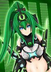  1girl armor blue_eyes blush bodysuit breasts cowboy_shot cundodeviant female gloves green_hair highreslarge_filesize horns large_breasts long_hair looking_at_viewer midriff navel neptune_(series) next_green polearm ponytail shin_jigen_game_neptune_vii smile spear star star-shaped_pupils stomach symbol-shaped_pupils thighhighs tied_hair vert very_long_hair weapon 