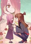  black_footwear black_legwear brown_hair child chin_rest dual_persona eye_contact flower frown hair_over_one_eye holding holding_flower holding_hands kagari_atsuko little_witch_academia long_hair looking_at_another multiple_girls mushroom pink_hair red_eyes school_uniform shoes smile sou_(tuhut) sucy_manbavaran wide_sleeves younger 