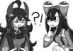  2girls ?! @_@ ahoge al_bhed_eyes alternate_costume asui_tsuyu boku_no_hero_academia breasts cape crossover eye_contact eyebrows_visible_through_hair gloves greyscale hand_up headgear hex_maniac_(pokemon) long_hair long_sleeves looking_to_the_side medium_breasts monochrome multiple_girls npc_trainer open_mouth pokemon pokemon_(game) pokemon_xy putry small_breasts smile upper_body 