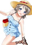  :d bag bangs blue_eyes blush breasts brown_hair cleavage collar cross-laced_footwear eyebrows_visible_through_hair handbag hat highres leaning_to_the_side leg_up looking_at_viewer love_live! love_live!_sunshine!! medium_breasts open_mouth rozen5 sandals short_hair shoulder_bag simple_background smile solo straw_hat sun_hat swept_bangs watanabe_you white_background 