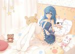  bed blue_dress blue_eyes blue_hair darcy_(pixiv11949485) date_a_live dress eyepatch frilled_dress frilled_legwear frills full_body hand_puppet highres maid_headdress on_bed panties pantyshot puppet sitting sitting_on_bed smile solo strap_slip stuffed_animal stuffed_toy thighhighs underwear white_panties yoshino_(date_a_live) yoshinon 