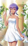  bare_shoulders blush breasts closed_mouth collarbone dark_skin dress eyebrows_visible_through_hair fate/grand_order fate_(series) flower hassan_of_serenity_(fate) highres ji_dao_ji looking_away medium_breasts purple_eyes purple_hair short_hair smile solo white_dress 