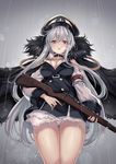  absurdres bangs black_dress blush bolt_action breasts brown_eyes cenangam cloak commentary cowboy_shot dress eyebrows_visible_through_hair fur_trim girls_frontline gun hair_between_eyes hat highres holding holding_gun holding_weapon kar98k_(girls_frontline) large_breasts long_hair long_sleeves looking_at_viewer mauser_98 md5_mismatch military military_uniform open_mouth panties pantyshot pantyshot_(standing) parted_lips peaked_cap rain rifle short_dress sidelocks silver_hair solo standing thighs trigger_discipline underwear uniform very_long_hair weapon white_panties 