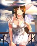  backpack bag blue_sky breasts brown_eyes brown_hair cleavage cloud collarbone dress earrings hat hat_ribbon highres hizagawa_rau jewelry leaning_forward lens_flare looking_at_viewer medium_breasts necklace original outdoors railing ribbon sky standing white_dress white_hat 