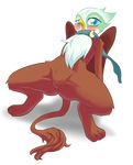 2015 avian beak blue_eyes blush brown_fur congee-painting female feral friendship_is_magic fur greta_(mlp) gryphon hi_res looking_at_viewer my_little_pony open_mouth presenting pussy scarf solo spread_legs spreading wings 