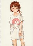 absurdres asymmetrical_hair brown_eyes brown_hair cowboy_shot eikoh hair_ornament highres iwakura_lain kurouto_shikou lace-up_top logo looking_at_viewer no_pants print_shirt scan serial_experiments_lain shirt simple_background sleeves_rolled_up solo t-shirt traditional_media 