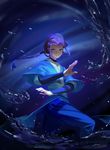  absurdres avatar:_the_last_airbender avatar_(series) blue_background blue_eyes blurry braid chow_(artist) dark_skin depth_of_field element_bending fighting_stance highres jewelry katara looking_at_viewer md5_mismatch necklace ponytail resized single_braid solo upscaled water 