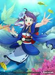  ahoge air_bubble aqua_eyes bubble copyright_name coral fish flower force_of_will hair_flower hair_ornament hairband head_fins japanese_clothes kimono mermaid monster_girl official_art open_mouth purple_hair solo submerged underwater yuko_(uc_yuk) 