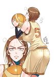  ass basketball basketball_uniform blue_eyes breasts brown_hair detached_sleeves ge_xi hair_ornament hairclip highres huge_breasts mole mole_under_eye original parted_lips short_hair shorts sideboob solo_focus sportswear sweat tall 