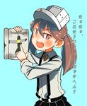  aircraft airplane book brown_eyes brown_hair commentary fang hair_between_eyes holding holding_book kantai_collection kitsuneno_denpachi long_sleeves looking_at_viewer magatama open_mouth pleated_skirt pointing ryuujou_(kantai_collection) skirt smile solo translated triebfluegel twintails visor_cap 