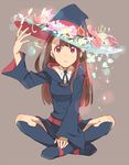  black_legwear brown_hair flower grey_background hand_up hat hat_flower indian_style kagari_atsuko little_witch_academia long_hair looking_at_viewer open_mouth red_eyes school_uniform sitting solo sou_(tuhut) spirit witch_hat 