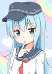  bad_id bad_pixiv_id black_hat blue_eyes blue_hair blush collarbone eyebrows_visible_through_hair finger_to_mouth hat heart hibiki_(kantai_collection) kantai_collection kurea_(a114019) long_hair looking_at_viewer neckerchief parted_lips red_neckwear solo upper_body 