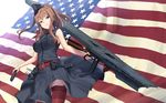  akasaai american_flag belt black_dress blue_eyes breast_pocket breasts brown_hair cowboy_shot dress flag_background flight_deck gun hair_between_eyes highres kantai_collection large_breasts long_hair machinery magazine_(weapon) neckerchief pocket ponytail red_belt red_legwear red_neckwear remodel_(kantai_collection) saratoga_(kantai_collection) shirt side_ponytail sidelocks sleeveless sleeveless_shirt smug solo submachine_gun thighhighs underskirt weapon 