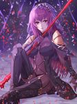  absurdres breasts brown_eyes brown_hair fate_(series) highres jewelry large_breasts long_hair looking_at_viewer parted_lips scathach_(fate)_(all) scathach_(fate/grand_order) sitting solo yagyun 
