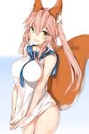  animal_ear_fluff animal_ears bangs blush breasts commentary contrapposto cowboy_shot dress dress_tug eyebrows_visible_through_hair fate/extra fate_(series) fox_ears fox_tail gradient gradient_background hair_between_eyes highres large_breasts long_hair looking_at_viewer open_mouth pink_hair sailor_dress short_dress silver_(chenwen) sleeveless sleeveless_dress smile solo standing tail tamamo_(fate)_(all) tamamo_no_mae_(fate) teeth thighs tsurime twintails white_background white_dress yellow_eyes 