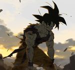  amepati black_hair cloud cloudy_sky day dirty_clothes dirty_face dougi dragon_ball dragon_ball_z looking_away lowres male_focus sky solo son_gokuu spiked standing sunset sweatdrop wristband 