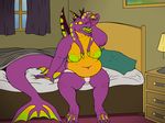  2017 4_eyes anthro areola belly big_areola big_belly big_breasts big_nipples bludermaus breasts clothed clothing digital_drawing_(artwork) digital_media_(artwork) female horn kaiju lips long_tail monster multi_eye nipples obese open_mouth overweight panties sharp_teeth simple_background sitting solo teeth tongue tongue_out topless underwear webbed_feet webbed_hands yawn 