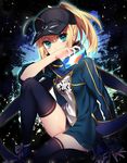  ahoge aqua_eyes artoria_pendragon_(all) bangs baseball_cap black_legwear blonde_hair blue_scarf cellphone commentary covered_mouth eyebrows_visible_through_hair fate_(series) gym_uniform hat highres holding holding_phone iphone iphone_x knee_up long_hair looking_at_viewer mysterious_heroine_x name_tag open_track_jacket phone ponytail rojiura_satsuki:_chapter_heroine_sanctuary sakura_yuki_(clochette) scarf sidelocks sitting smartphone solo thighs tsurime 