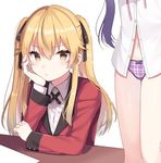  black_ribbon blonde_hair blush brown_eyes character_request closed_mouth eyebrows_visible_through_hair hair_ribbon head_in_hand izumo_neru kakegurui long_hair long_sleeves looking_at_viewer multiple_girls out_of_frame panties plaid plaid_panties purple_hair purple_panties ribbon saotome_meari sitting twintails underwear 