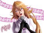  akane_(cookie) beamed_eighth_notes black_gloves blonde_hair blue_eyes blush breasts character_name cleavage cookie_(touhou) eighth_note elbow_gloves eyebrows gloves highres holding holding_microphone kirisame_marisa large_breasts looking_at_viewer microphone music musical_note open_mouth quarter_note sakamochi singing smile solo staff_(music) touhou upper_body 