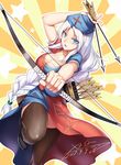  absurdres arrow black_legwear blue_eyes blush bow_(weapon) breasts cleavage collarbone dated eyebrows_visible_through_hair highres holding holding_bow_(weapon) holding_weapon large_breasts looking_at_viewer open_mouth signature silver_hair smile solo thighhighs touhou weapon x-boy yagokoro_eirin 