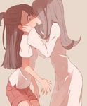  beige_background brown_eyes brown_hair flipped_hair half_updo kagari_atsuko kiss little_witch_academia long_hair long_sleeves multiple_girls short_sleeves shorts simple_background sou_(tuhut) sucy_manbavaran yuri 