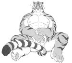 2017 alasurth anthro balls barazoku claws covering covering_crotch embarrassed eye_scar feline front_view fur greyscale male mammal monochrome muscular muscular_male nipples nude pawpads scar simple_background snaggletooth solo striped_fur stripes tiger white_background 