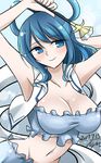  armpits artist_name blue_eyes blue_hair breasts cleavage commentary_request dated hagoromo hair_ornament hair_stick highres hips hisin kaku_seiga large_breasts midriff navel shawl signature smile taut_clothes touhou 