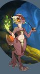  2017 3_fingers 3_toes anthro athletic biped bone brown_scales claws druid feathers feet female flat_chested frill hi_res horn kobold leather looking_at_viewer magic magic_user nimtai orange_eyes piercing pipe raised_tail reptile scales scalie short short_tail smile smoking solo standing tan_horns tan_scales teeth thick_tail thick_thighs toes torchbug tribal tribal_spellcaster yellow_sclera 