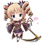  :d bangs black_sleeves blonde_hair blue_eyes breasts chibi cleavage cleavage_cutout commentary_request detached_sleeves drill_hair eyebrows_visible_through_hair frilled_skirt frilled_sleeves frills full_body hair_ornament heart highres holding holding_weapon koihime_musou long_hair looking_at_viewer medium_breasts neck_ribbon nenko open_mouth pleated_skirt purple_skirt red_ribbon ribbon scythe sidelocks skirt smile solo sousou standing teeth v-shaped_eyebrows weapon white_background white_legwear wide_sleeves 