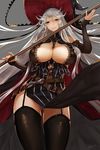  apt ass_visible_through_thighs belt black_legwear breasts brown_eyes cape cleavage detached_sleeves garter_straps granblue_fantasy grey_background hair_between_eyes hat highres holding huge_breasts long_hair looking_at_viewer magisa_(granblue_fantasy) pelvic_curtain signature silver_hair simple_background sleeves_past_wrists smile solo staff striped thigh_gap thighhighs thighs two-handed vertical_stripes very_long_hair witch_hat 