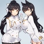  2girls aiguillette animal_ears atago_(azur_lane) azur_lane bangs black_hair black_legwear blush bow breasts closed_mouth commentary_request double-breasted eyebrows_visible_through_hair garter_straps gloves gradient gradient_background hair_bow hand_up kishiyo large_breasts long_hair medium_breasts military military_uniform miniskirt multiple_girls open_mouth pantyhose ponytail revision sidelocks skirt smile swept_bangs takao_(azur_lane) thighhighs uniform v wavy_hair white_bow white_gloves white_skirt zettai_ryouiki 