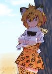 animal_ears blonde_hair bow bowtie commentary_request elbow_gloves fur_collar gloves highres jaguar_(kemono_friends) jaguar_ears jaguar_print kemono_friends leaning_on_object multicolored multicolored_clothes multicolored_hair multicolored_legwear nuka_cola06 partial_commentary shirt short_hair short_sleeves skirt solo thighhighs 