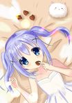  =_= angora_rabbit animal bare_arms bare_shoulders bed_sheet blue_eyes blue_hair blush bunny chocolate chocolate_heart collarbone commentary_request covering_mouth dress eyebrows_visible_through_hair eyes_visible_through_hair food from_above gochuumon_wa_usagi_desu_ka? hair_between_eyes hair_ornament heart highres holding holding_chocolate holding_food kafuu_chino long_hair looking_at_viewer lying on_back sidelocks sleeveless sleeveless_dress sundress tareme tippy_(gochiusa) twintails upper_body x_hair_ornament xiaosamiao 