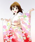  1girl artist_request brown_eyes brown_hair gradient_background grin highres japanese_clothes kimono long_hair looking_at_viewer open_mouth ponytail taneshima_popura working!! 