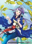  ahoge air_bubble aqua_eyes bubble copyright_name fish flower force_of_will hair_flower hair_ornament hairband head_fins japanese_clothes kimono long_hair mermaid monster_girl official_art open_mouth purple_hair solo submerged underwater yuko_(uc_yuk) 