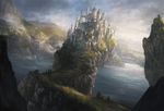  architecture bird castle city cliff cloud cloudy_sky commentary day fantasy flock fog gothic_architecture highres lake landscape no_humans outdoors path road scenery sky water 
