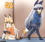  animal_ears arm_at_side black_bow black_footwear black_gloves black_hair black_neckwear black_skirt blazer blonde_hair blush bow bowtie brown_eyes brown_footwear brown_gloves commentary_request controller directional_arrow electric_plug electric_socket eyebrows_visible_through_hair ezo_red_fox_(kemono_friends) food fox_ears fox_tail fur_trim game_controller gamepad gloves hair_between_eyes highres holding holding_food jacket japari_bun japari_symbol kagura_roku kemono_friends loafers long_hair long_sleeves multicolored_hair multiple_girls necktie on_floor pantyhose parted_lips playing_games pleated_skirt shoes silhouette silver_fox_(kemono_friends) silver_hair sitting skirt tail unplugged very_long_hair walking wariza white_bow white_hair white_neckwear white_skirt yellow_neckwear 