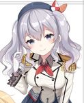  black_hat blush breasts closed_mouth eyebrows_visible_through_hair gloves grey_eyes hat izumo_neru kantai_collection kashima_(kantai_collection) large_breasts looking_at_viewer medium_hair silver_hair smile solo twintails upper_body white_gloves 