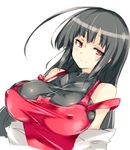  ahoge black_hair breasts closed_mouth commentary_request covered_nipples detached_sleeves large_breasts long_hair looking_at_viewer m.u.g.e.n ototobe red_eyes sendai_hakurei_no_miko sleeveless sleeveless_turtleneck smile solo touhou turtleneck upper_body 